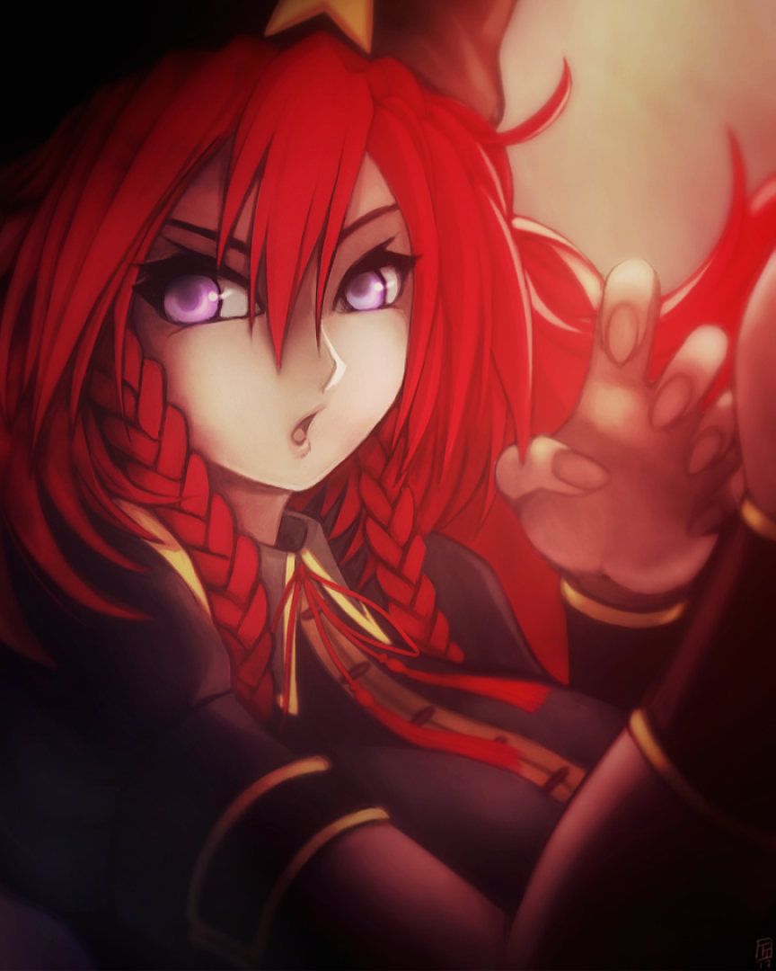 1girl, bangs, bracer, braid, breasts, fighting_stance, fixelcat, hat, hong_meiling, koumajou_densetsu, large_breasts, lavender_eyes, long_hair, looking_at_viewer, neck_ribbon, open_mouth, puffy_short_sleeves, puffy_sleeves, red_ribbon, redhead, ribbon, short_sleeves, solo, star, touhou, twin_braids, upper_body