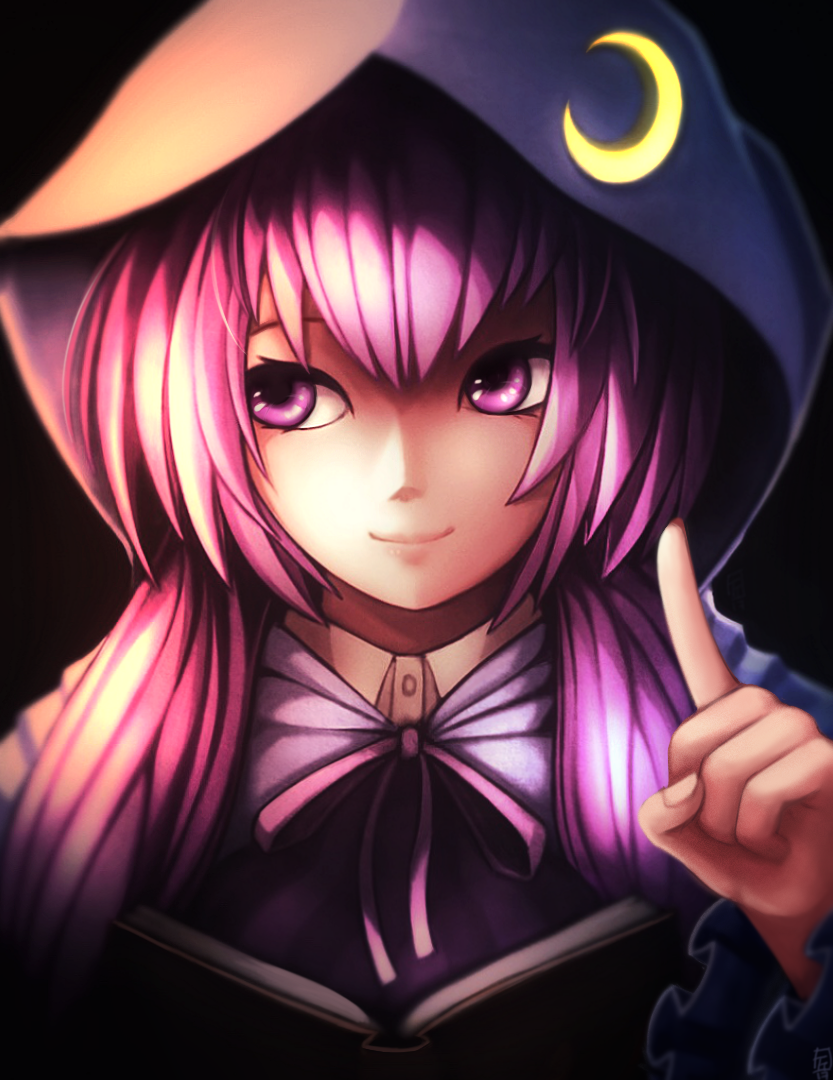 1girl, bangs, book, crescent, fixelcat, frilled_sleeves, frills, glowing