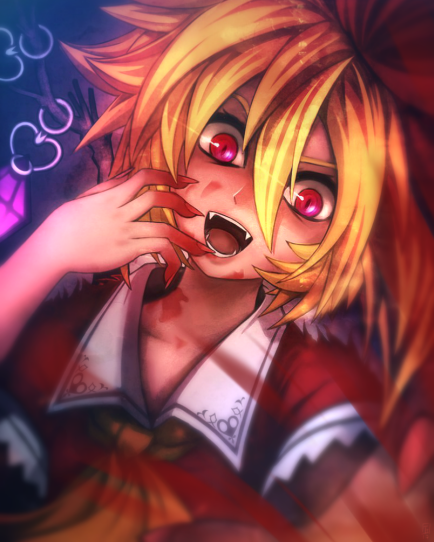>:d, 1girl, :d, ascot, blonde_hair, blood, blood_on_face, blood_stain
