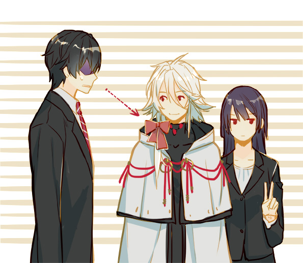 1girl, 2boys, lm_0063, long_hair, multiple_boys, seikaisuru_kado, shindou_kojirou, tsukai_saraka, v, yaha-kui_zashunina