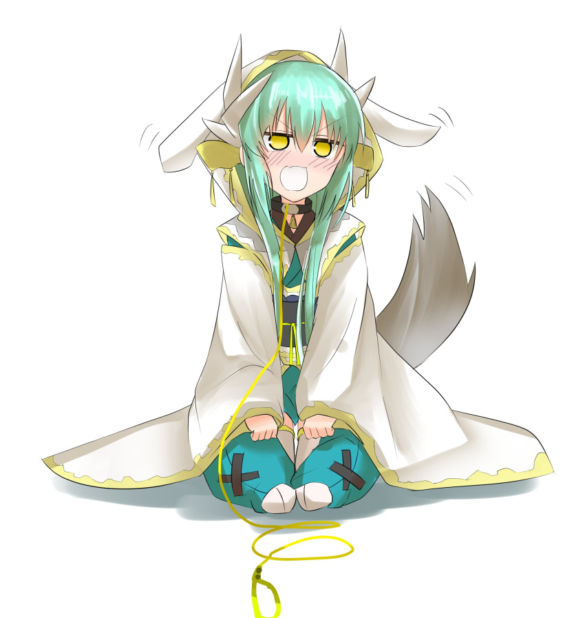 1girl, absurdres, aqua_hair, blush, collar, commentary_request, dog_tail, eyebrows_visible_through_hair