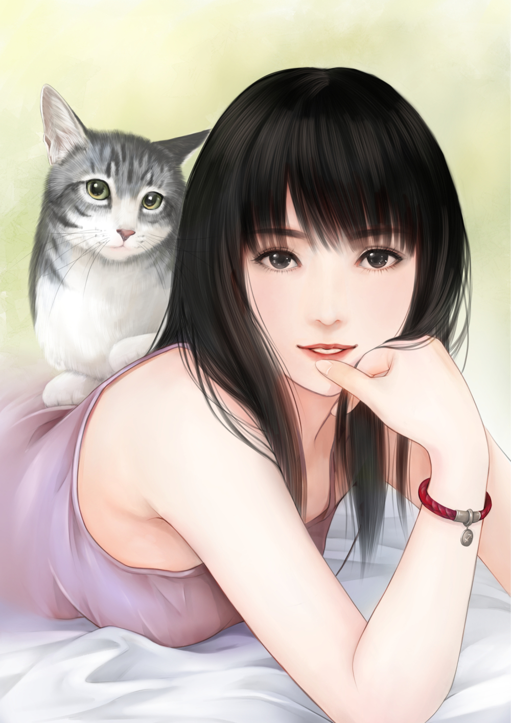 1girl, animal, bare_shoulders, bed_sheet, black_eyes, black_hair, bracelet, breasts
