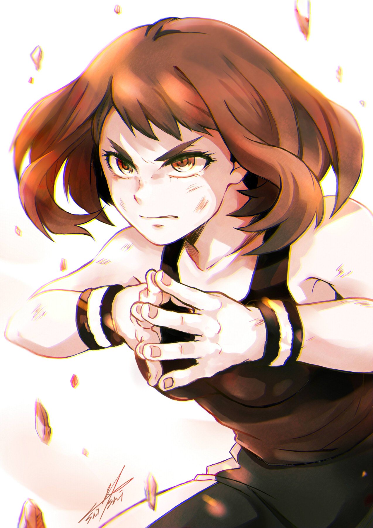 1girl, bare_shoulders, boku_no_hero_academia, breasts, brown_eyes, brown_hair, debris, eyebrows, frown, glaring, hand_gesture, highres, pants, shishi_(eai_make), simple_background, solo, tank_top, track_pants, uraraka_ochako, white_background, wristband