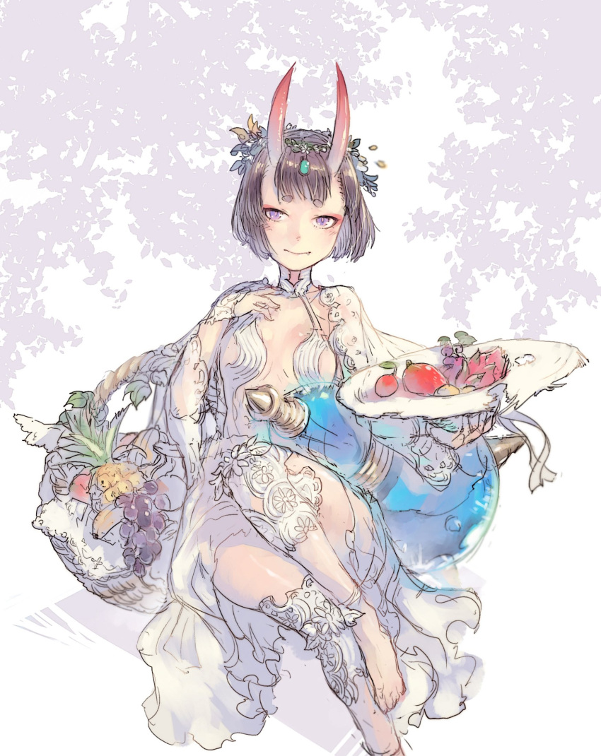 1girl, armor, banana, bangs, barefoot, blunt_bangs, blush, breasts