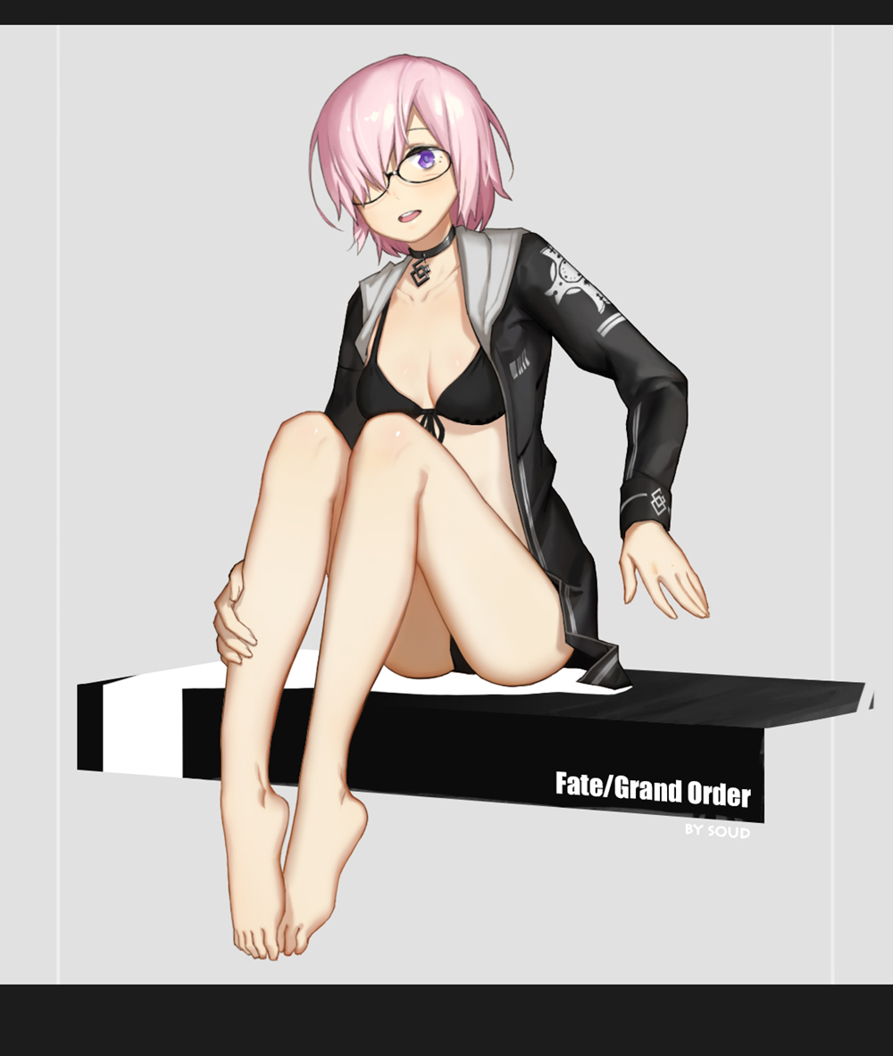 1girl, barefoot, bikini, choker, coat, collarbone, fate/grand_order, fate_(series)