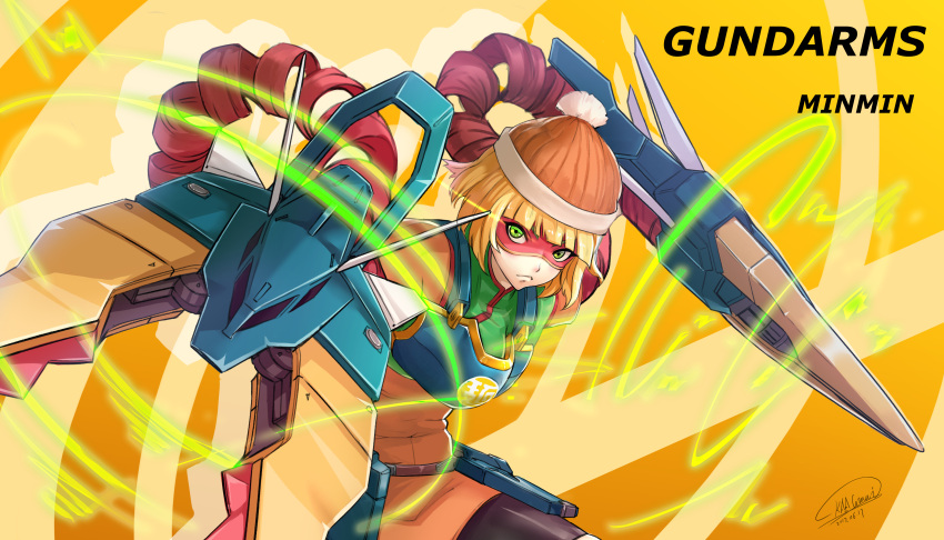 1girl, absurdres, arms_(game), bangs, beanie, bike_shorts, blonde_hair, chinese_clothes, domino_mask, dragon, dragon_(arms), facepaint, food, green_eyes, gundam, gundam_wing, hat, highres, leggings, legwear_under_shorts, looking_at_viewer, mask, min_min_(arms), nataku_gundam, noodles, short_hair, shorts, shou_mai, solo