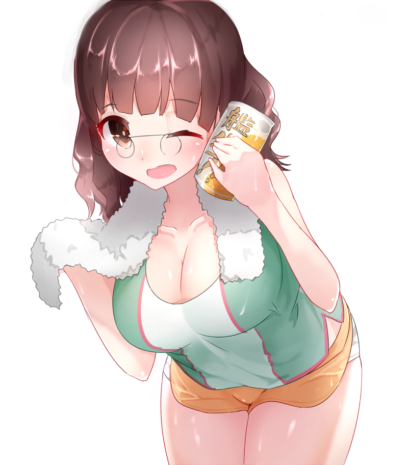 1girl, alternate_costume, bangs, bare_arms, bare_shoulders, beer_can, blunt_bangs, boruhis