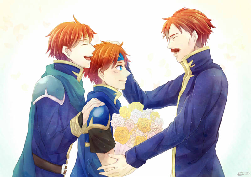 3boys, :d, age_difference, ahoge, belt, blue_cape, blue_clothes, blue_eyes, blush, bouquet, cape, closed_eyes, closed_mouth, elbert_(fire_emblem), eliwood_(fire_emblem), facial_hair, family, father_and_son, fire_emblem, fire_emblem:_fuuin_no_tsurugi, fire_emblem:_rekka_no_ken, fire_emblem_heroes, flower, grandfather_and_grandson, hand_on_another's_head, hand_on_another's_shoulder, happy, highres, kazame, long_sleeves, looking_at_another, male_focus, multiple_boys, mustache, nintendo, older, open_mouth, pauldrons, petting, redhead, rose, round_teeth, roy_(fire_emblem), short_hair, short_sleeves, smile, teeth, white_background, white_flower, white_rose, yellow_flower, yellow_rose