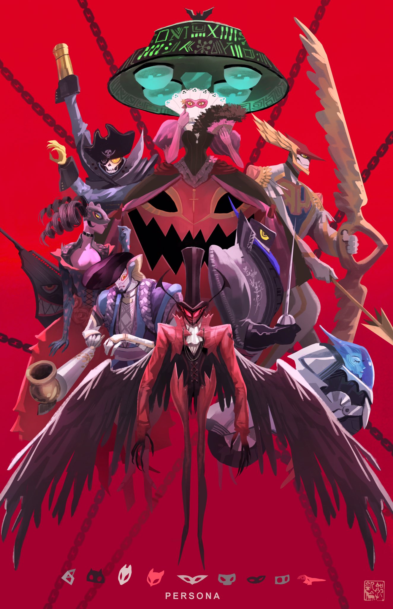 arsene_(persona_5), bow_(weapon), breasts, captain_kidd_(persona), carmen_(persona_5), chains, claws, cleavage