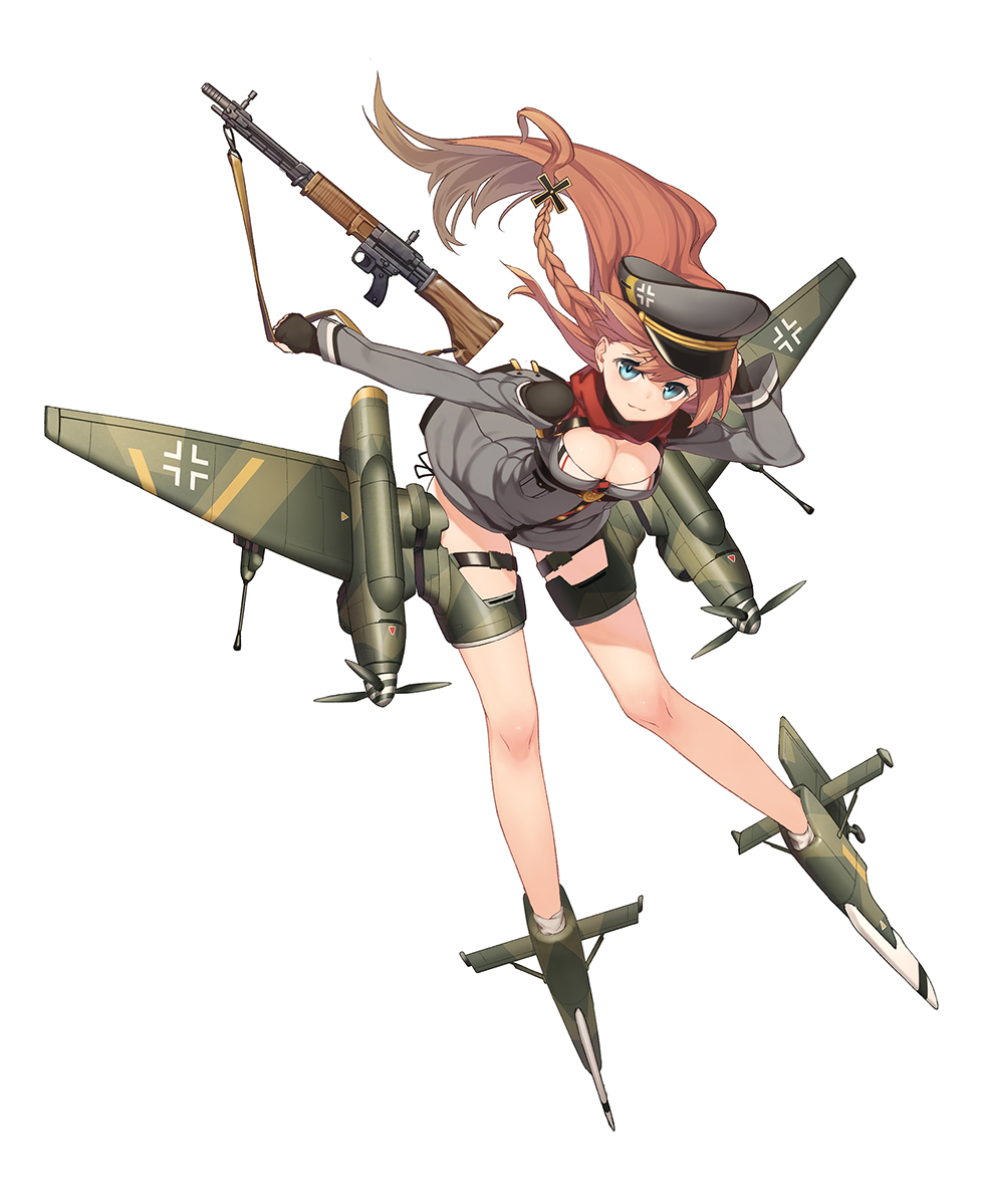 1girl, bending_forward, bent_over, black_gloves, blue_eyes, blush, braid, breasts, brown_hair, character_request, cleavage, copyright_request, cu_(fsy84738368), fingerless_gloves, gloves, grey_hat, gun, holding, holding_gun, holding_weapon, large_breasts, long_hair, looking_at_viewer, propeller, simple_background, smile, solo, weapon, white_background