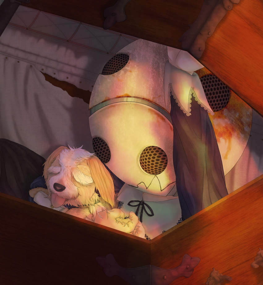 animal, archdutchess, chest, dog, gab_(zero_time_dilemma), highres, holding, holding_animal, q_(zero_time_dilemma), tongue, tongue_out, torn, zero_time_dilemma