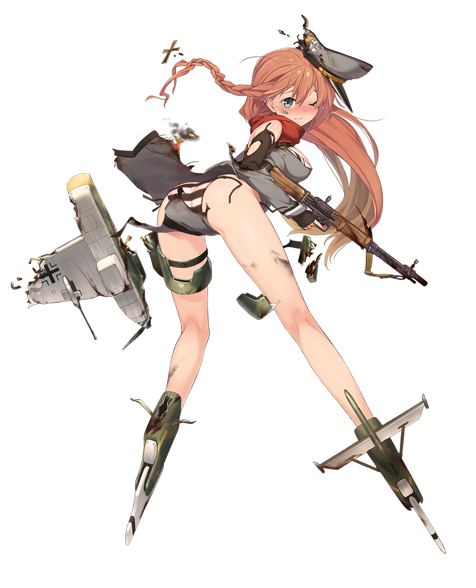 1girl, ass, black_gloves, blue_eyes, blush, braid, breasts, brown_hair