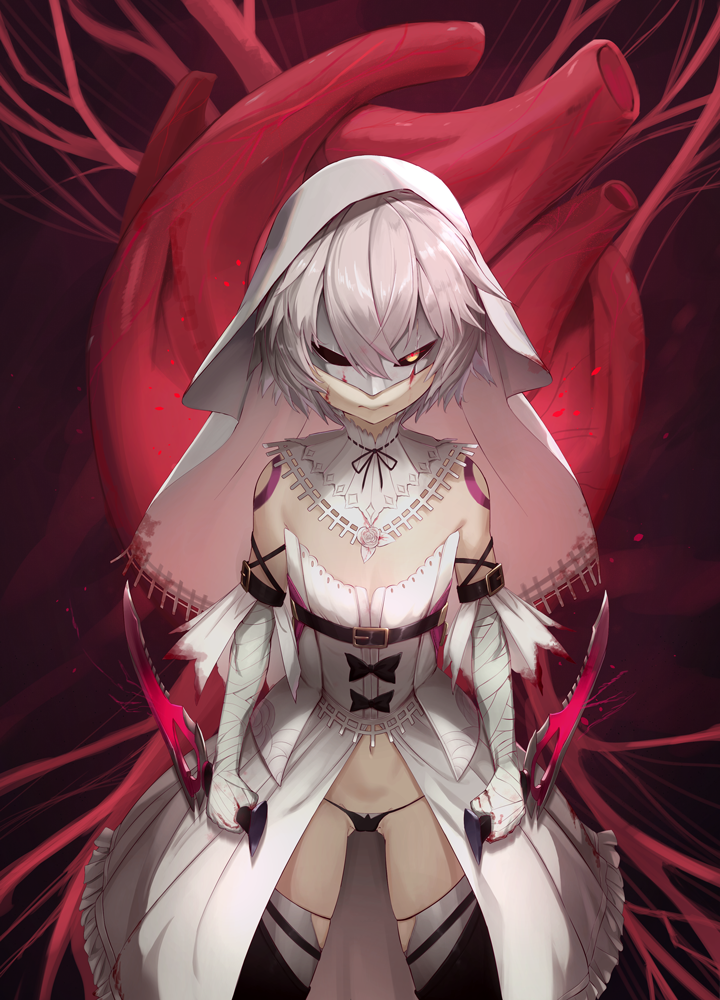 1girl, alternate_costume, assassin_of_black, bandaged_arms, belt, black_panties, blood, blush