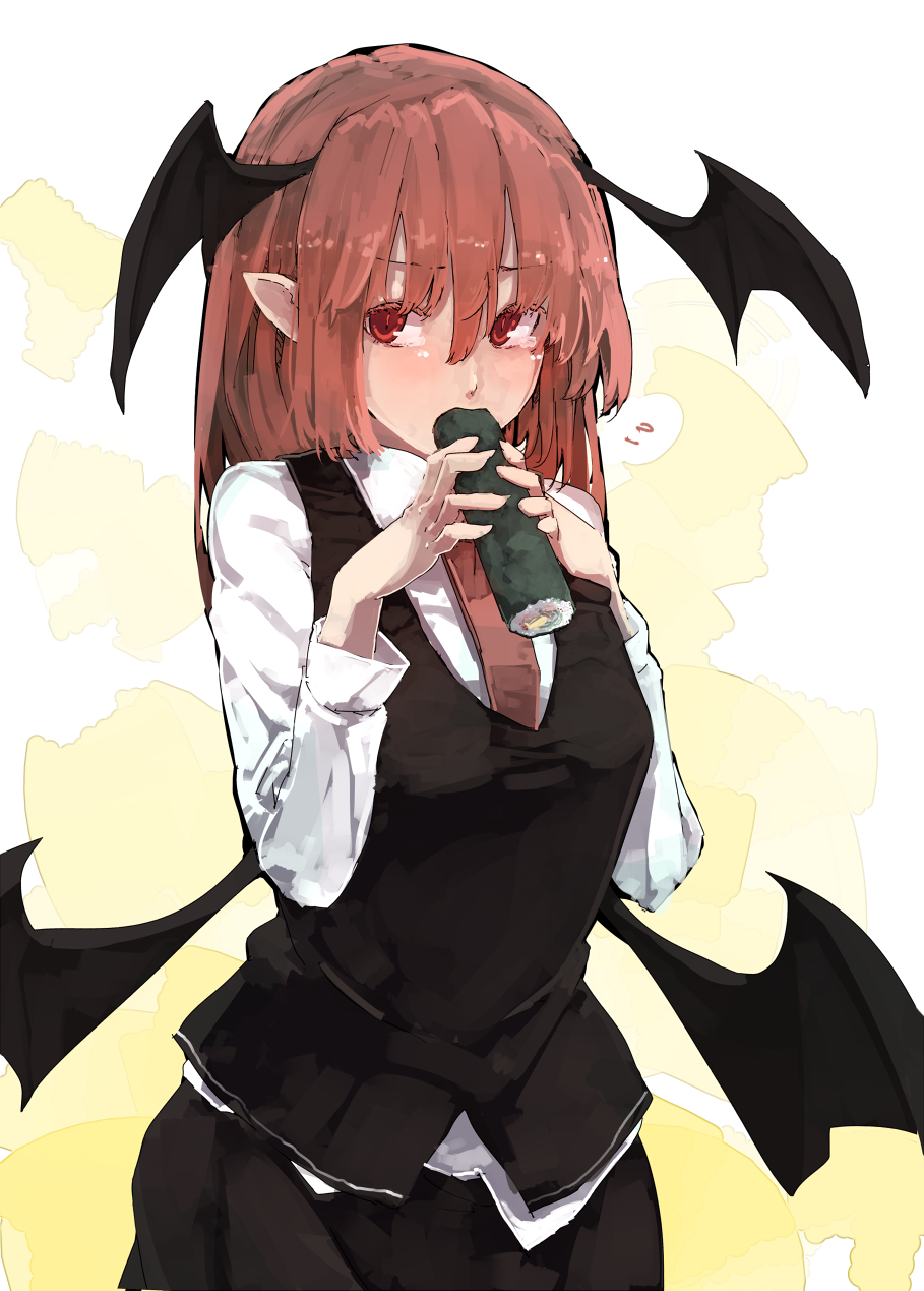1girl, bangs, bat_wings, black_skirt, colored_eyelashes, commentary_request, eating, ehoumaki