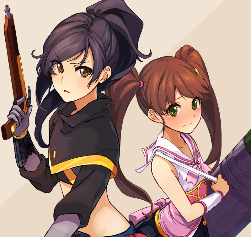 2girls, ayasugi_tsubaki, back-to-back, black_hair, brown_hair, cannon, gloves, green_eyes