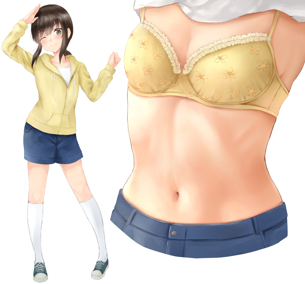 1girl, ;), arm_up, blue_shoes, blue_shorts, blush, bra, breasts