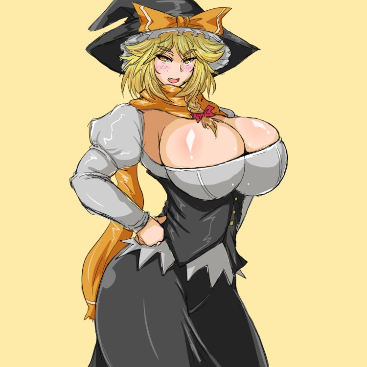 1girl, alternate_breast_size, blonde_hair, blush, bow, braid, breasts, cleavage, eyebrows_visible_through_hair, fang, freckles, hands_on_hips, hat, hat_bow, huge_breasts, juliet_sleeves, kirisame_marisa, long_skirt, long_sleeves, puffy_sleeves, scarf, sha-pei_sahei, side_braid, single_braid, skirt, solo, thick_thighs, thighs, touhou, underbust, witch_hat, yellow_background, yellow_eyes