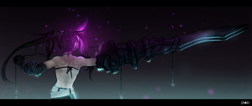 1girl, anchovy_(artist), belt, black_hair, black_rock_shooter, chains, character_name, from_behind