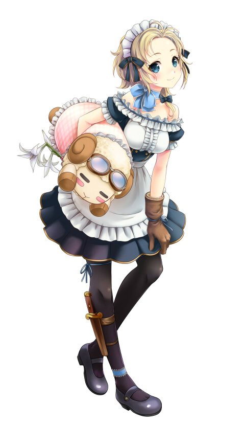 1girl, alternate_costume, apron, bare_shoulders, blonde_hair, blue_eyes, breasts, formation_girls