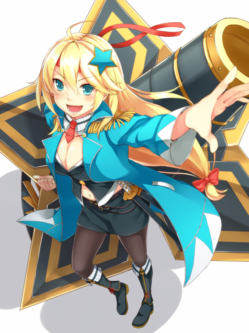 1girl, :d, ahoge, blonde_hair, blue_eyes, boots, breasts, cannon