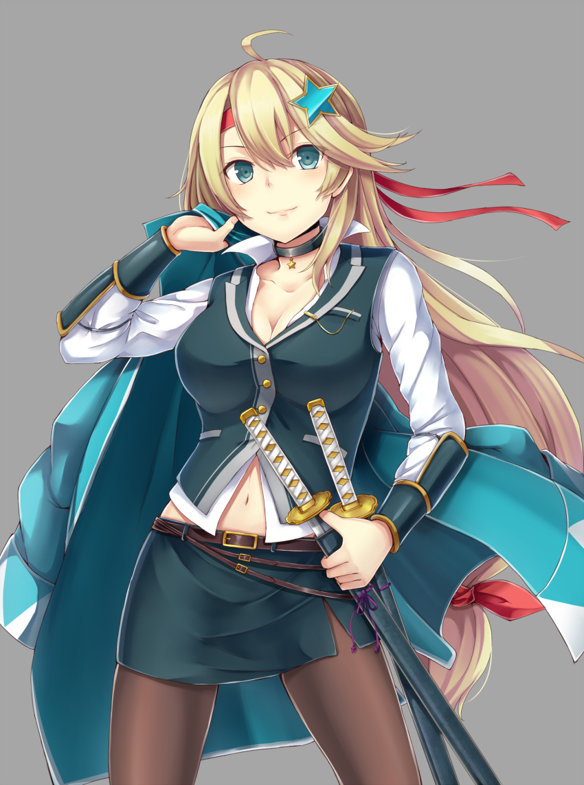 1girl, ahoge, belt, blonde_hair, blue_eyes, breasts, cleavage, dabadhi