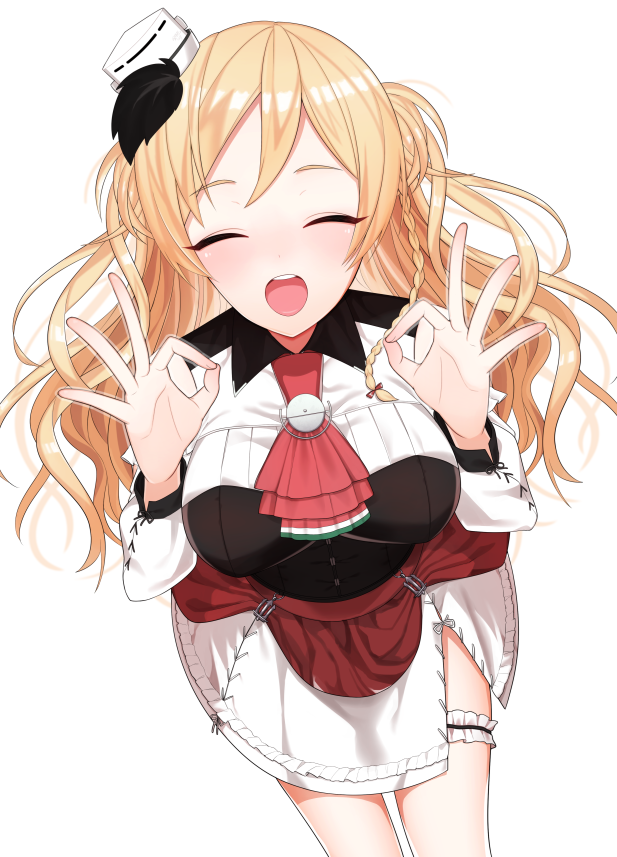 1girl, blonde_hair, blush, braid, breasts, commentary_request, french_braid, hat