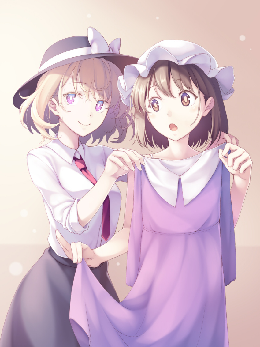 2girls, :o, blonde_hair, bow, brown_eyes, brown_hair, cosplay, costume_switch