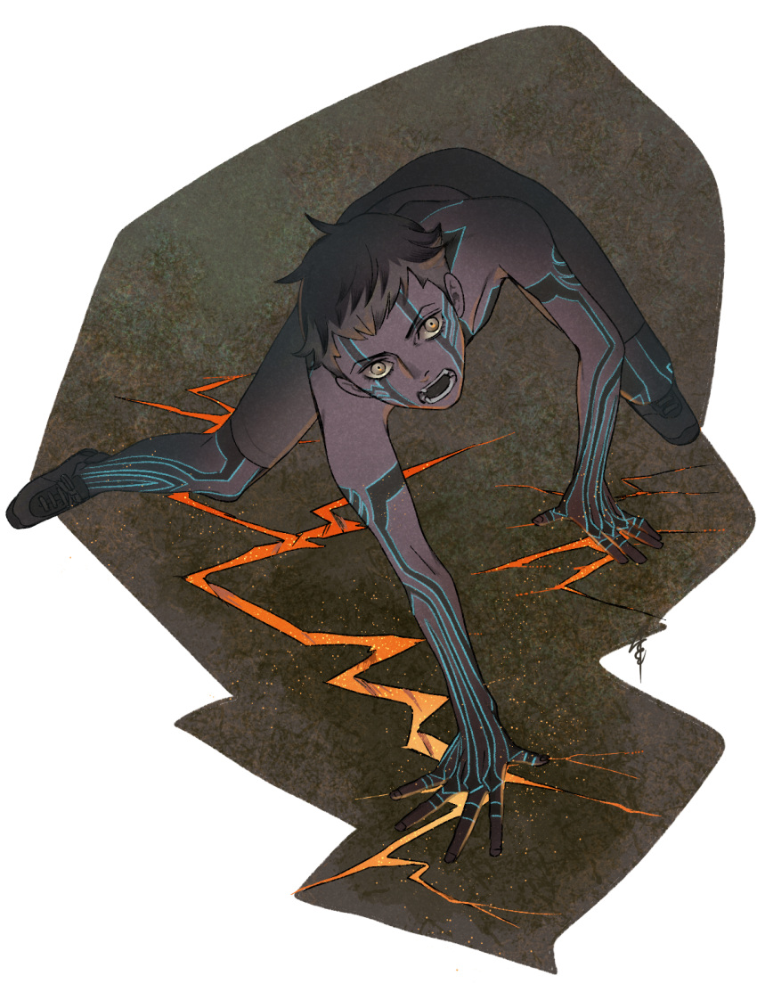 1boy, black_hair, cracked_floor, fangs, hands_on_ground, highres, hitoshura, male_focus, neon_trim, nobingo, shin_megami_tensei_iii:_nocturne, solo, tattoo