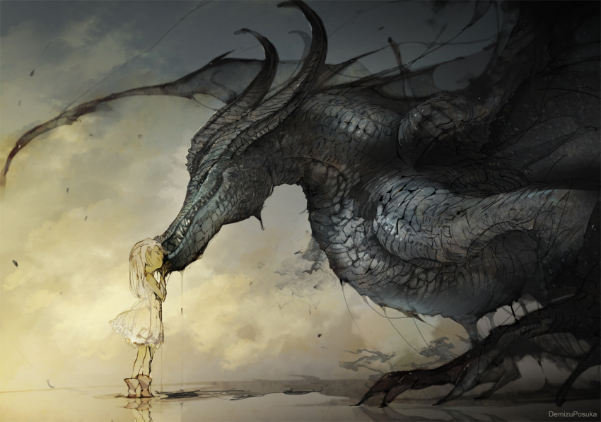 1girl, artist_name, boots, child, closed_eyes, clouds, commentary, dark