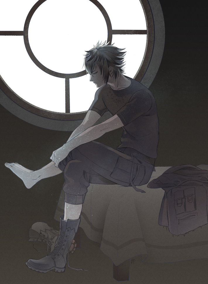 1boy, black_hair, boots, capri_pants, dressing, final_fantasy, final_fantasy_xv, jacket