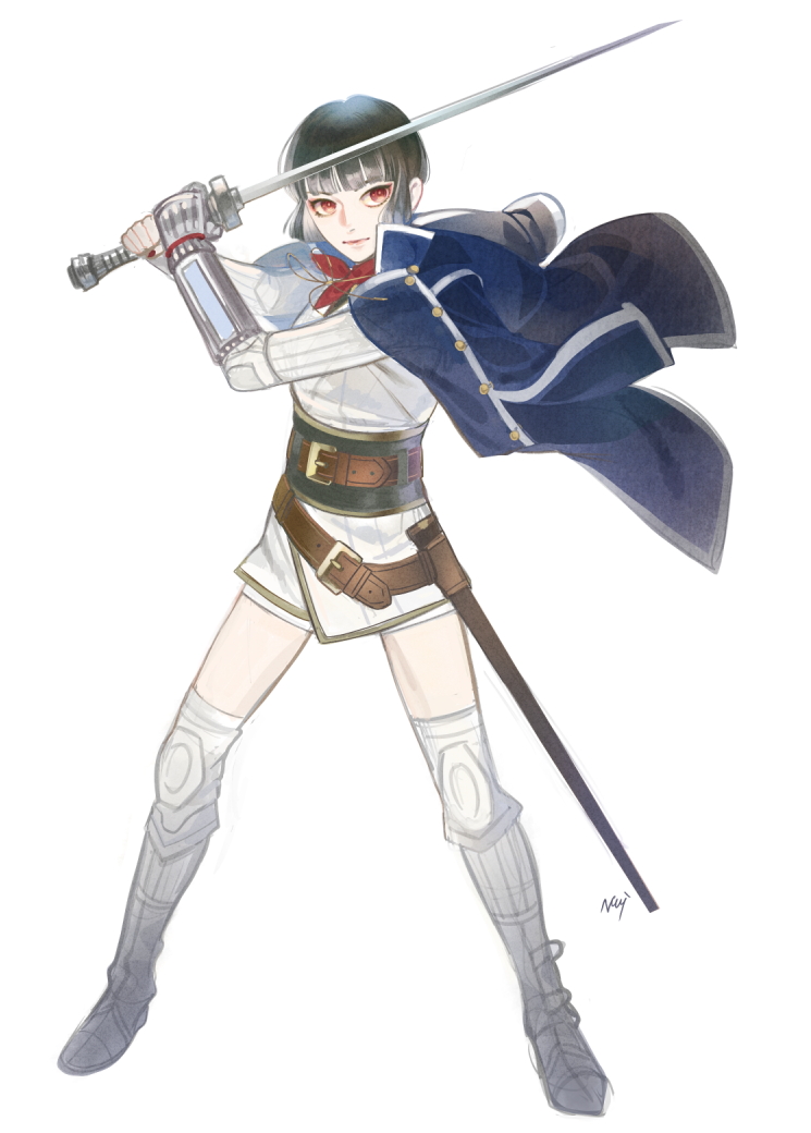 1girl, ascot, belt, blue_jacket, boots, fighting_stance, isabeau_(smt), jacket