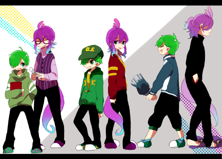 2boys, age_progression, fangs, glasses, green_eyes, green_hair, hair_over_one_eye, hood
