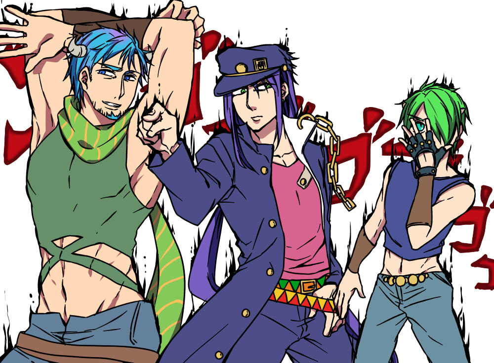3boys, blue_hair, chains, cosplay, facial_hair, fingerless_gloves, gakuran, gloves