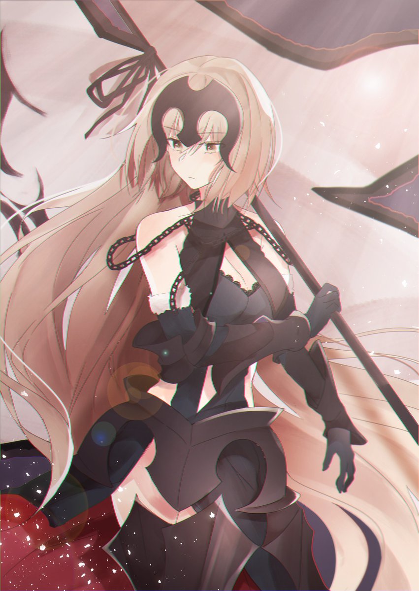 1girl, armor, armored_dress, bangs, black_gloves, blonde_hair, breasts, chains
