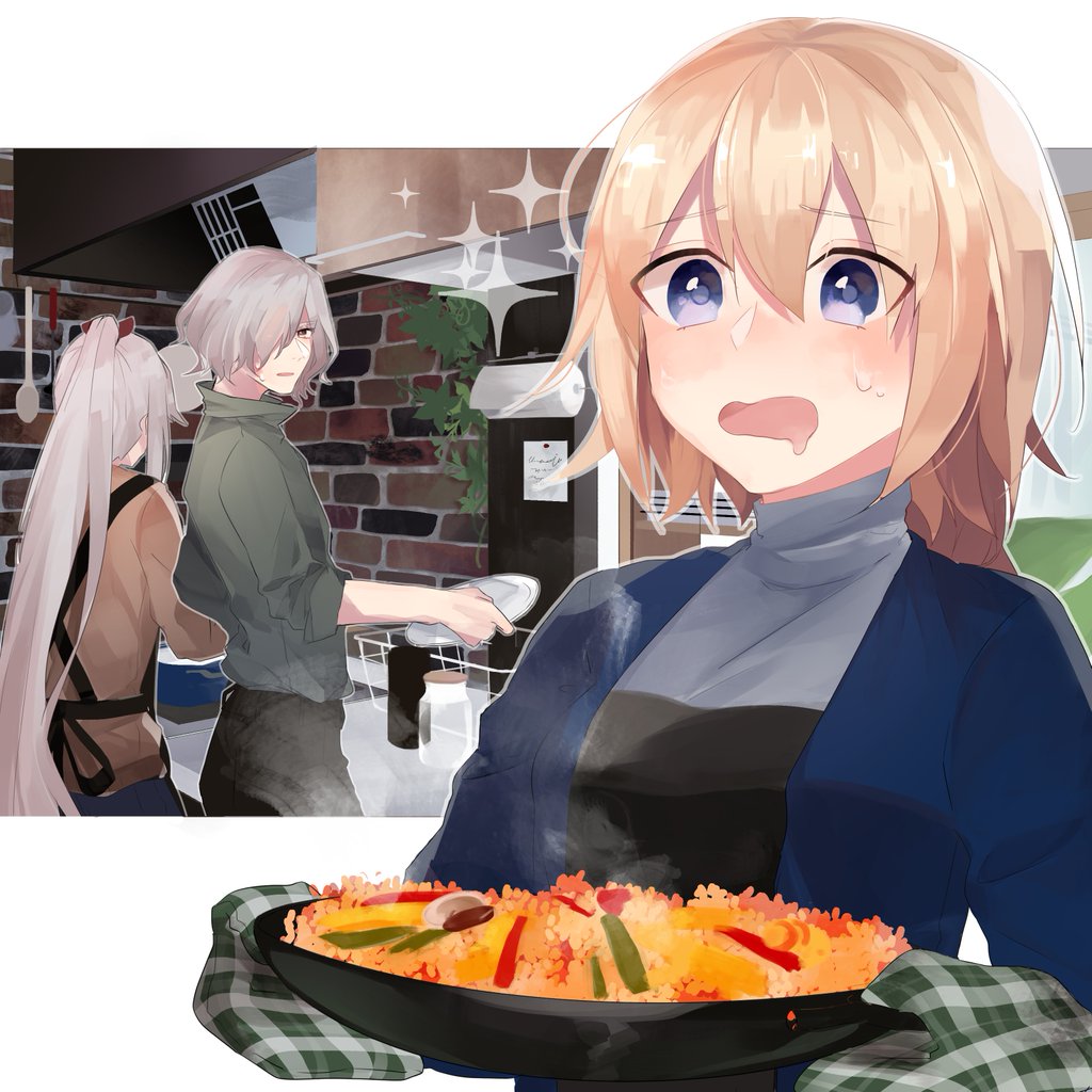 1boy, 2girls, bangs, blonde_hair, blue_eyes, brown_eyes, cardigan, character_request