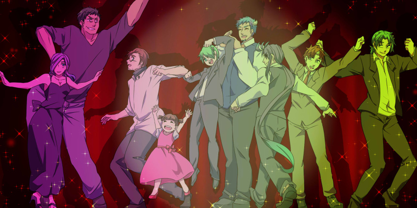 2girls, 6+boys, alternate_costume, boo_(monsters_inc.), brown_hair, celia_mae, character_request, child, closed_eyes, curly_hair, dress, formal, glasses, green_eyes, green_hair, hair_over_one_eye, highres, horns, james_p._sullivan, jeff_fungus, long_hair, michael_wazowski, monsters_inc., multiple_boys, multiple_girls, necktie, personification, purple_hair, randall_boggs, short_hair, short_twintails, sleeveless, sleeveless_dress, slit_pupils, smile, suit, twintails