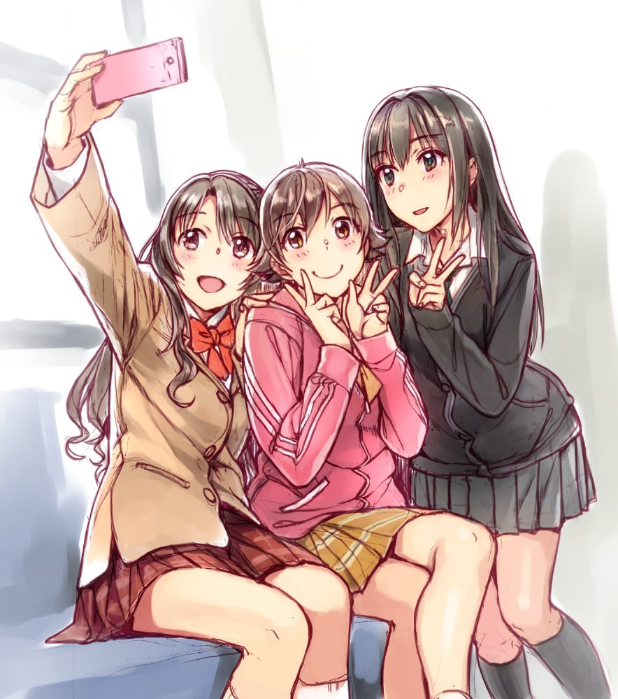 3girls, black_hair, black_legwear, black_skirt, blazer, blush, brown_eyes, brown_hair
