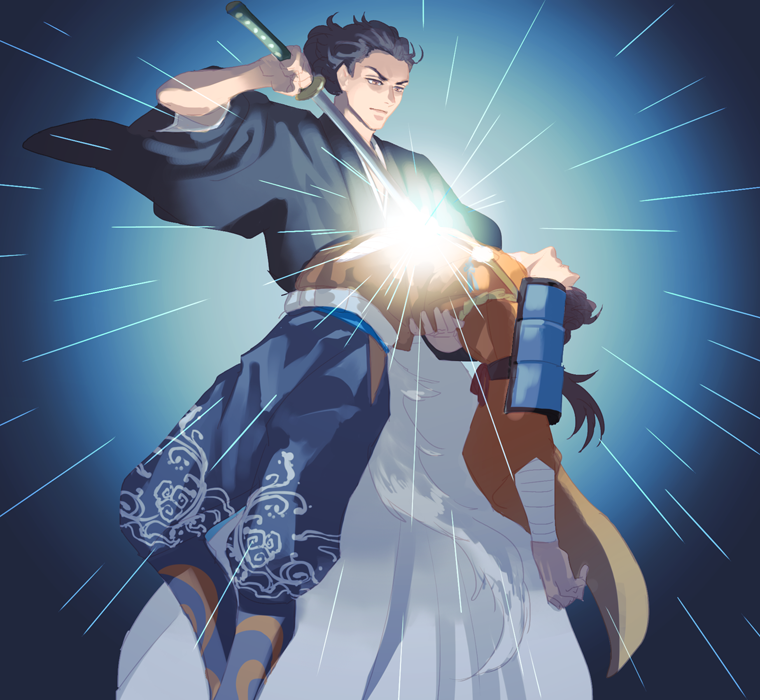 2boys, armor, bandage, carrying, closed_eyes, ekd2424, glowing, hakama