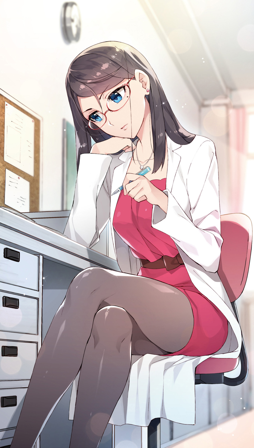 1girl, absurdres, arm_support, bangs, black_legwear, blue_eyes, blurry, bokeh