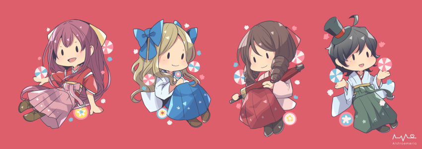 4girls, ahoge, asakaze_(kantai_collection), black_hair, blue_bow, blue_hakama, bow, brown_hair