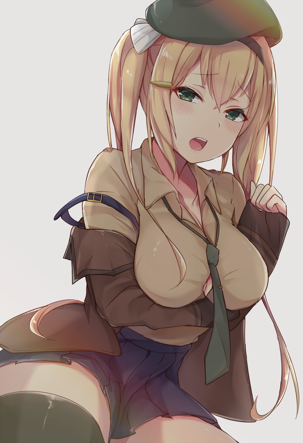 beret, blonde_hair, blush, breast_rest, breasts, girls_frontline, green_eyes, hat