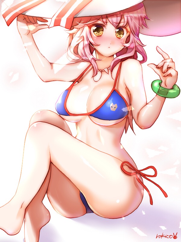1girl, :<, bikini, blue_bikini, blush, breasts, cleavage, fate/extra