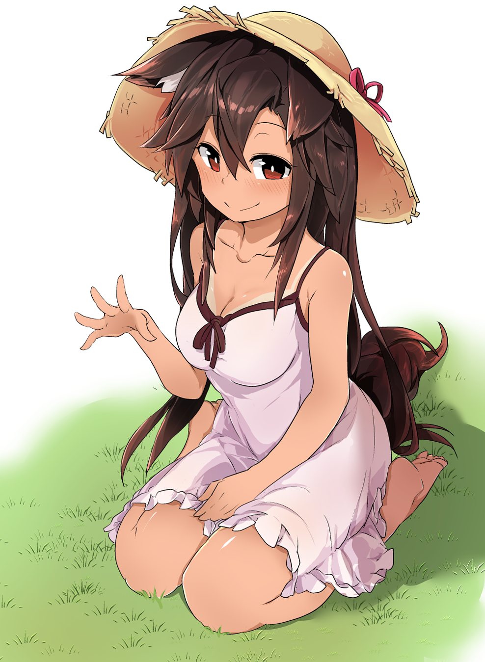 1girl, animal_ears, bare_shoulders, blush, breasts, brown_hair, cleavage, collarbone