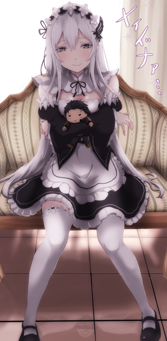 1girl, bare_shoulders, blush, breasts, butterfly_hair_ornament, cleavage, cleavage_cutout, couch
