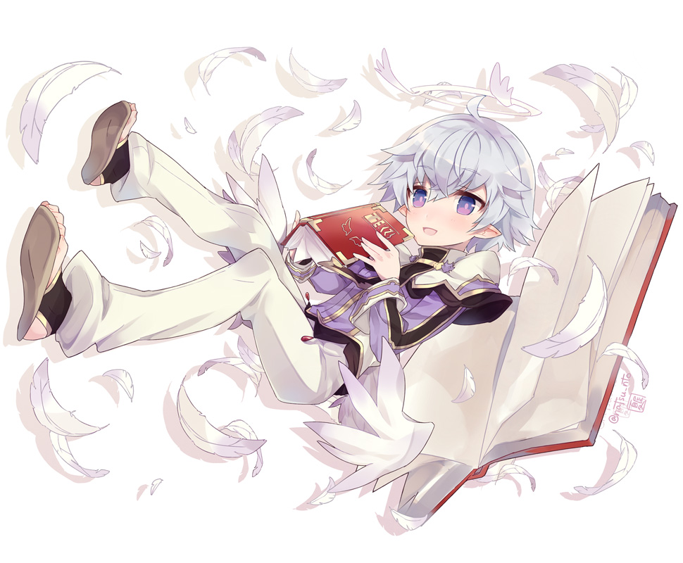 1boy, angel, angel_wings, blush, book, feathers, halo, looking_at_viewer
