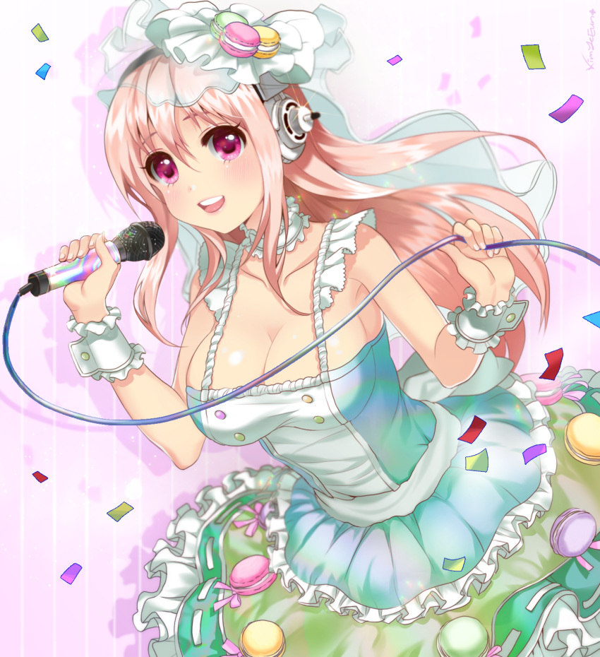 1girl, blush, breasts, cleavage, dodmsdk, food, headphones, highres