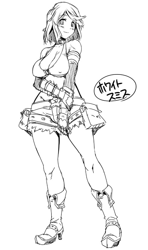 1girl, bag, bare_shoulders, belt, blush, boots, breasts, cleavage, denim, denim_shorts, elbow_gloves, fingerless_gloves, gloves, kumacchi, large_breasts, midriff, navel, ragnarok_online, short_hair, shorts, sketch, smile, solo, whitesmith
