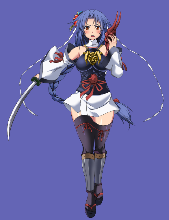 1girl, bare_shoulders, blue_hair, braid, detached_sleeves, kumacchi, long_hair, mask