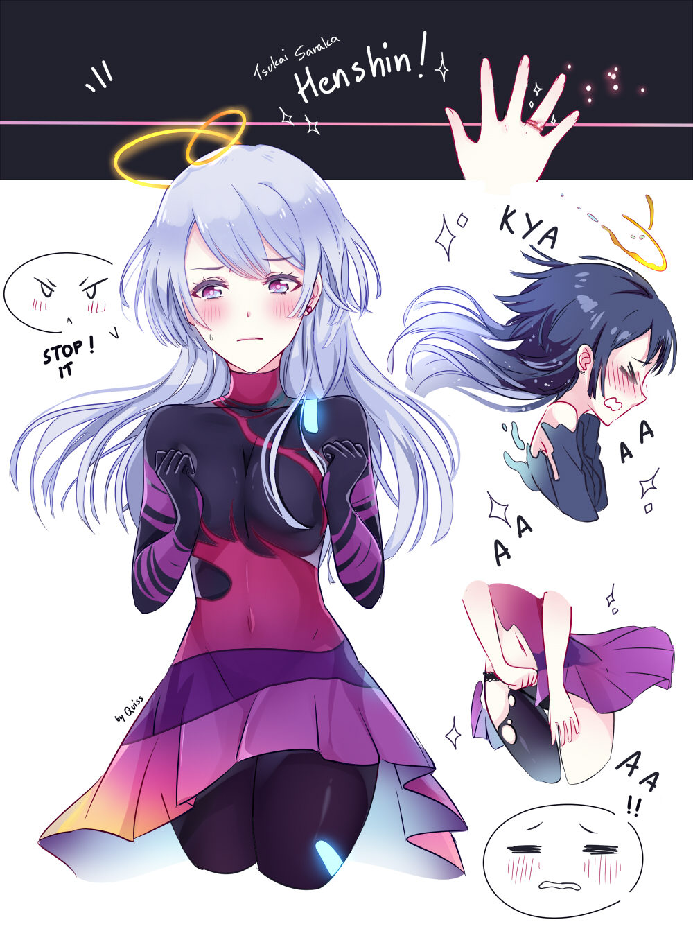 1girl, :<, =_=, artist_name, bangs, black_legwear, blue_hair, blush