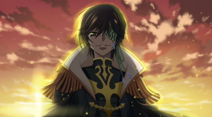 1boy, black_hair, clouds, cloudy_sky, code_geass, dusk, eyepatch, green_eyes